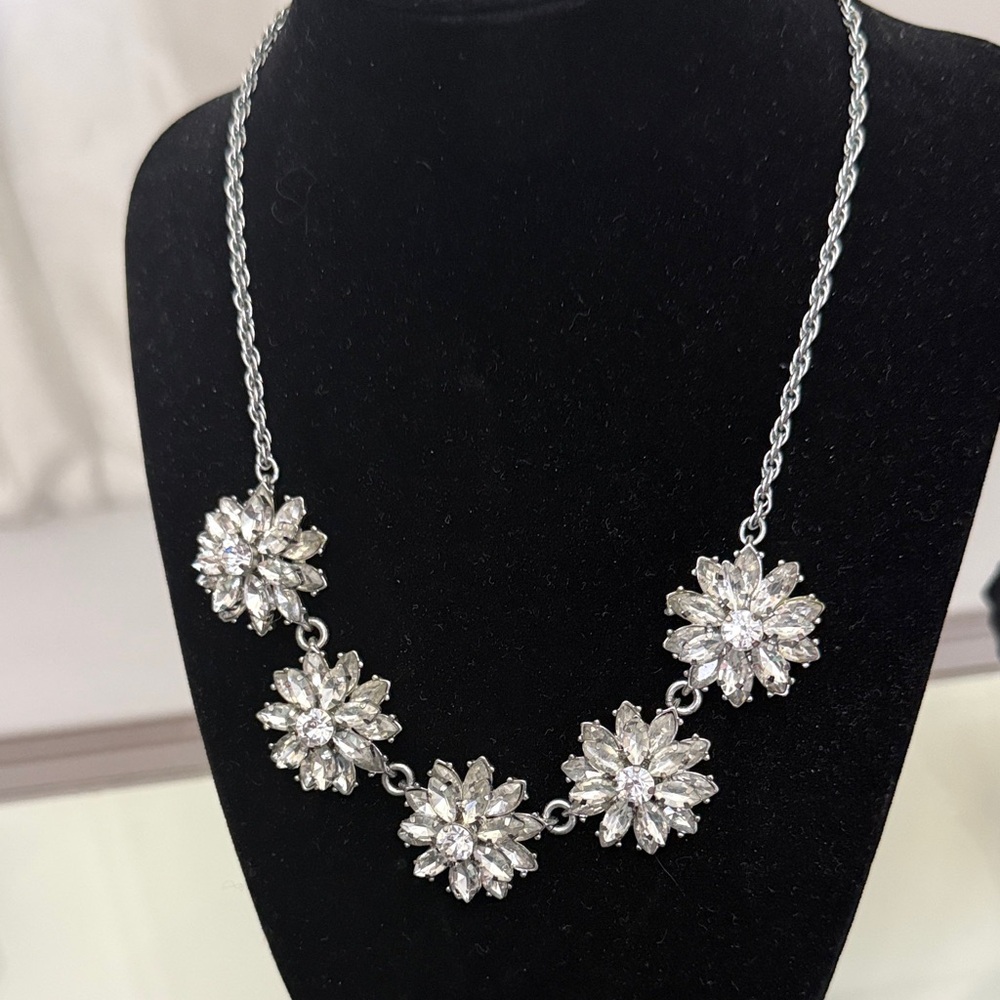Crystal Flower Statement Necklace - Silver